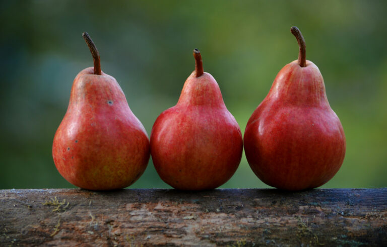 3 red pears sitting on a piece of wood.