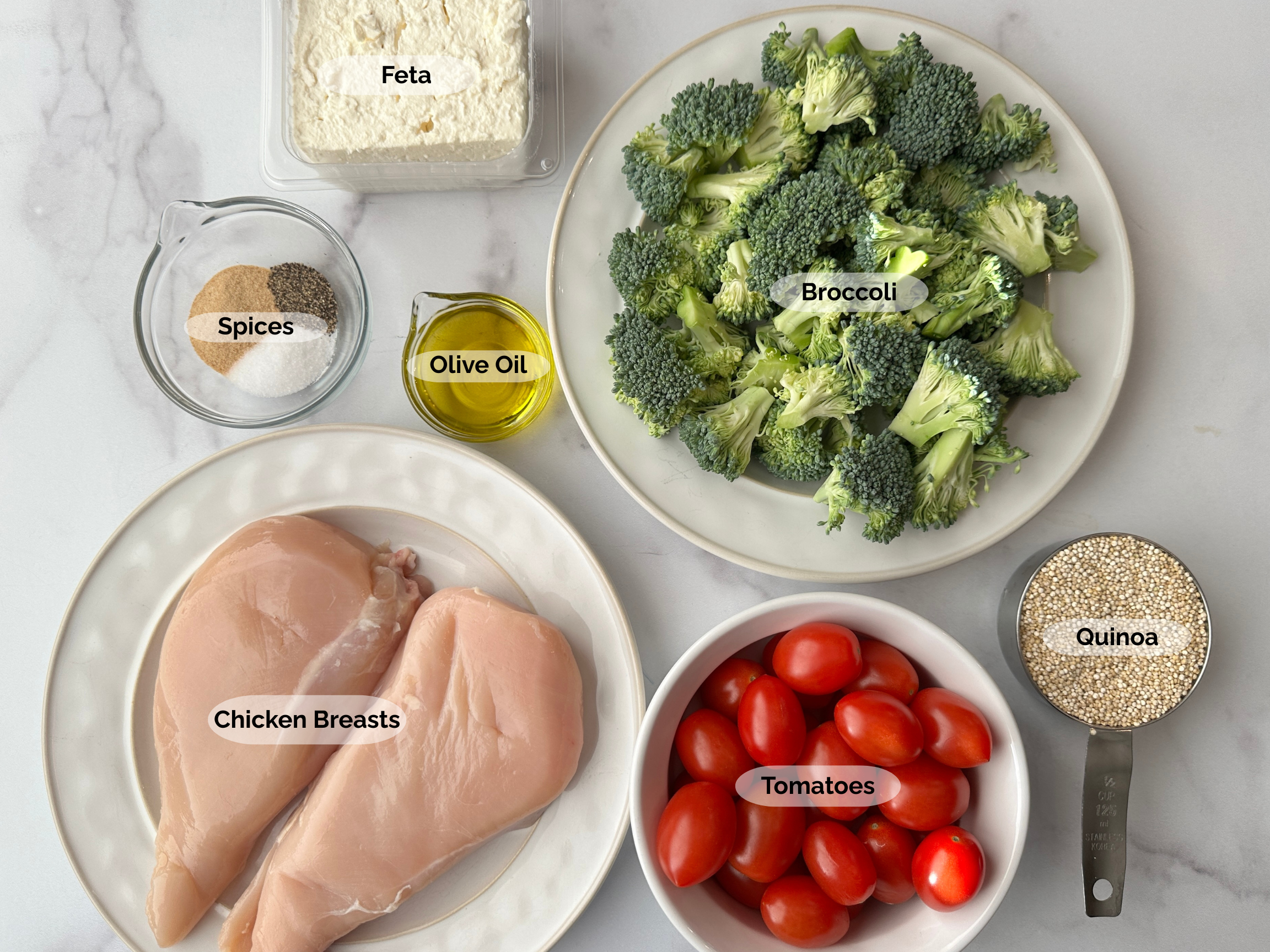 Chicken Feta Quinoa & Baked Veggies ingredients: chicken breasts, spices, feta, olive oil, broccoli, quinoa, tomatoes