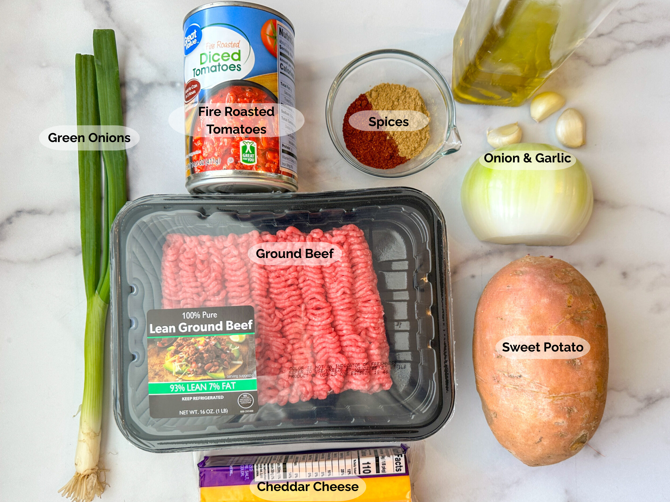 One Pan Southwest Beef & Sweet Potato Skillet ingredients: green onions, fire roasted tomatoes, spices, onion, garlic, sweet potato, ground beef, cheddar cheese.