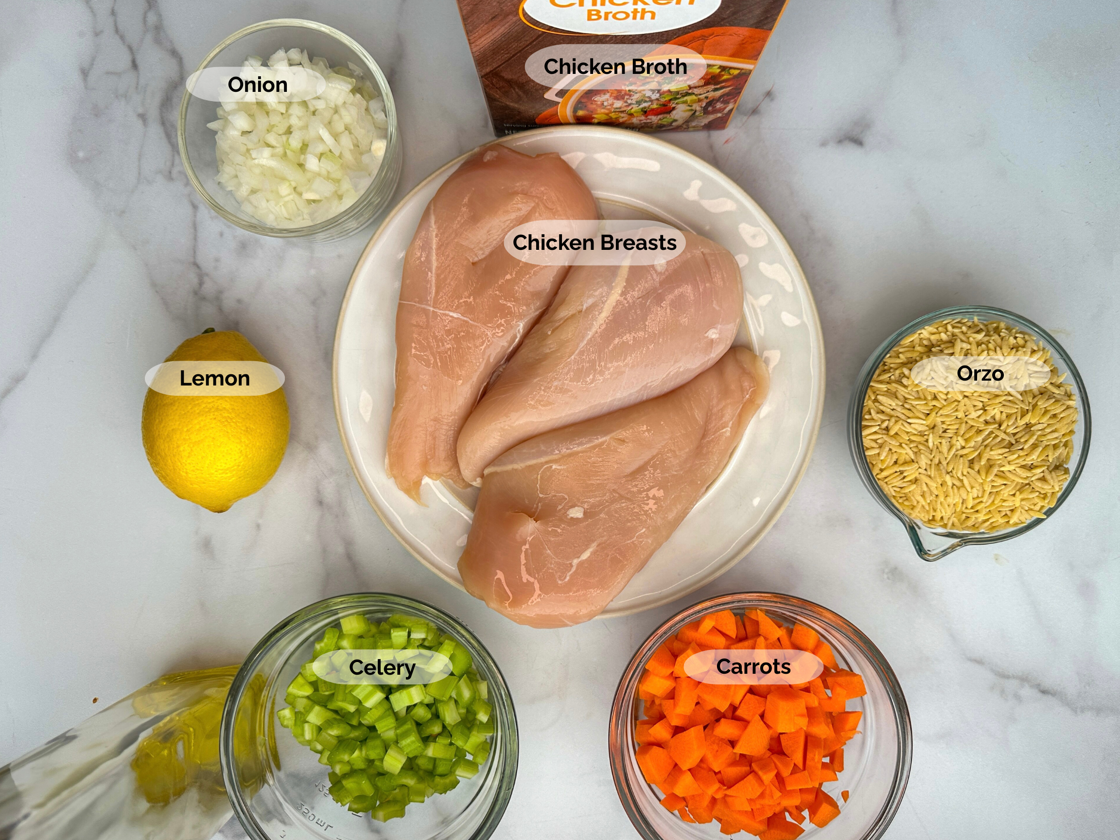 Lemon chicken orzo soup ingredients: chopped onion, chicken broth, orzo, 3 boneless, skinless chicken breasts, lemon, chopped celery and chopped carrots.