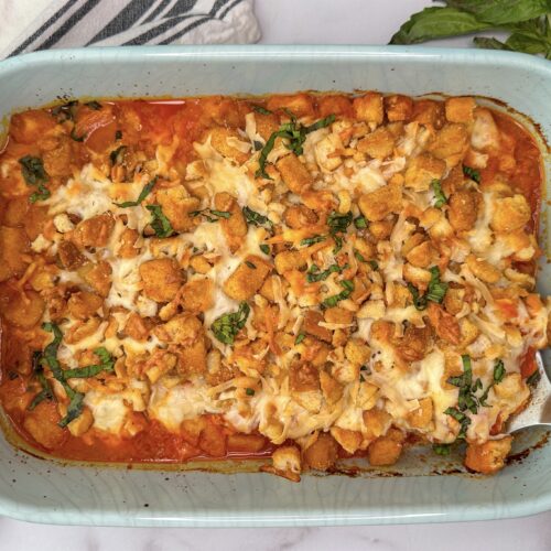 Protein Packed Chicken parmesan casserole in a baking dish