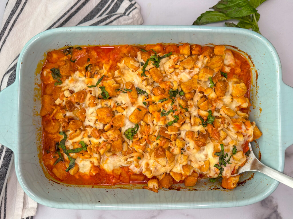 Protein Packed Chicken parmesan casserole in a baking dish