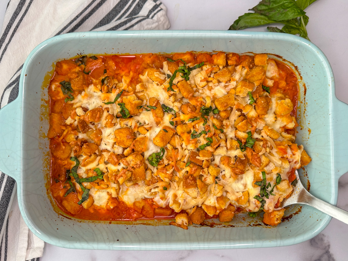 Protein Packed Chicken parmesan casserole in a baking dish