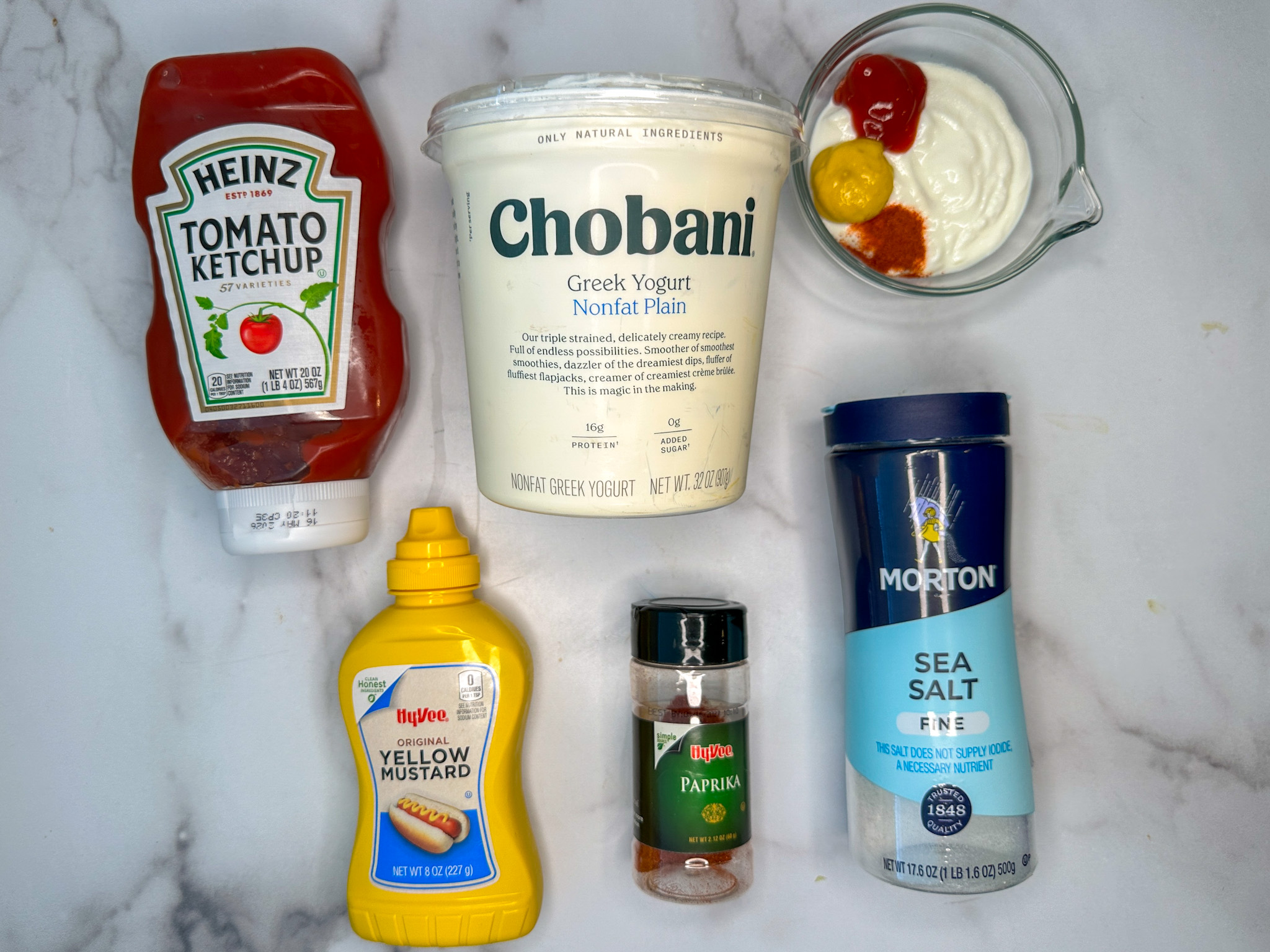 grilled slider bowl sauce dressing ingredients: ketchup, mustard, plain Greek yogurt, paprika, and salt.