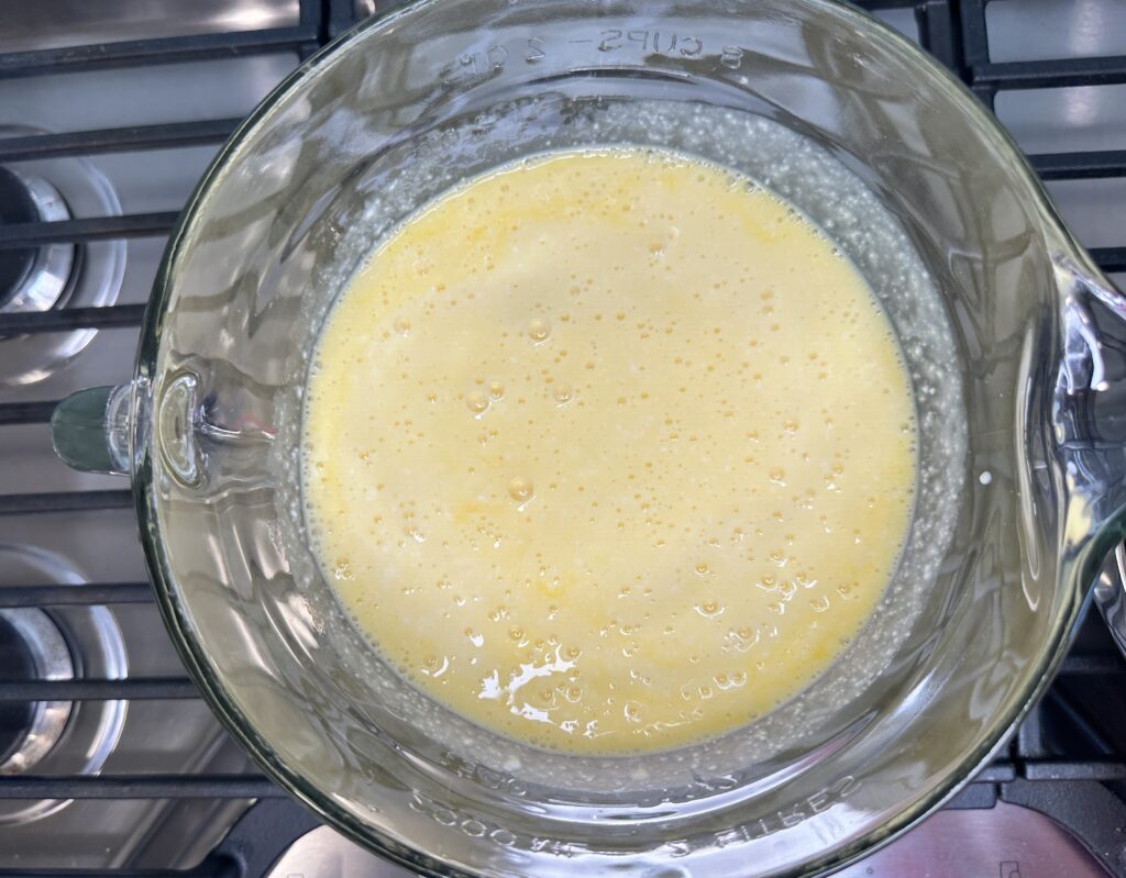 Blended cottage cheese mixed with beaten eggs.