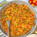 cheeseburger orzo skillet pasta dish in a large skillet