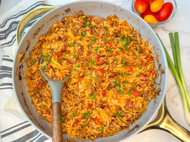 cheeseburger orzo skillet pasta dish in a large skillet