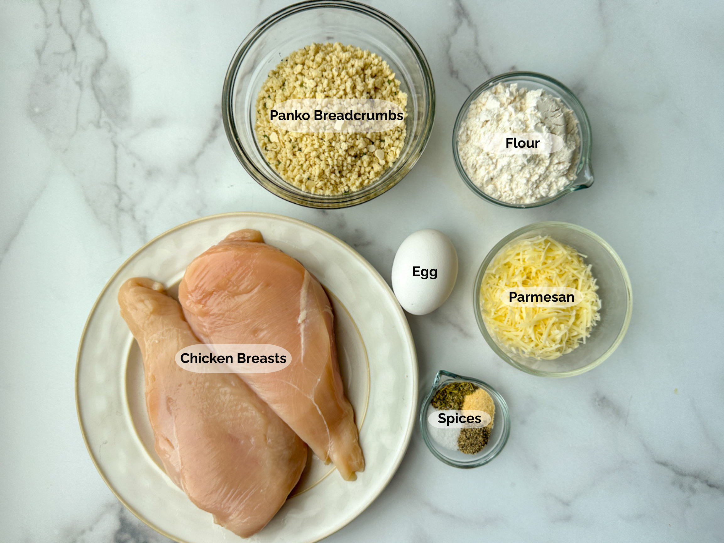 Crispy Chicken Caesar Salad ingredients: chicken breasts, panko breadcrumbs, flour, egg, parmesan, and spices.