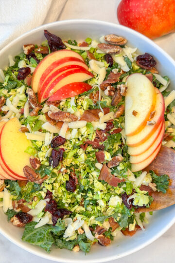 a large white bowl filled with a fall brussels sprouts and apple salad with shredded brussels, chopped kale, sliced apples, and dried cranberries.