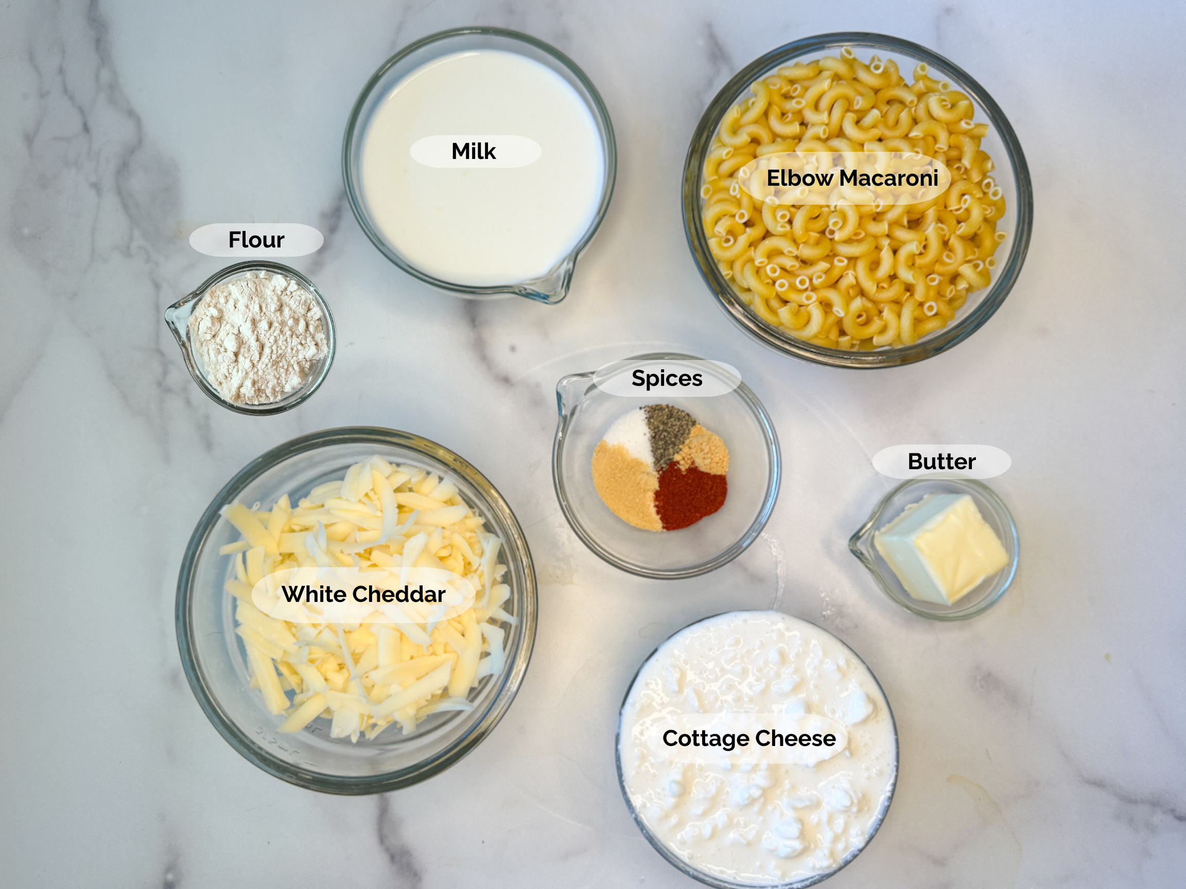 High Protein Mac and Cheese Ingredients: milk, flour, elbow macaroni, butter, spices, white cheddar, and cottage cheese