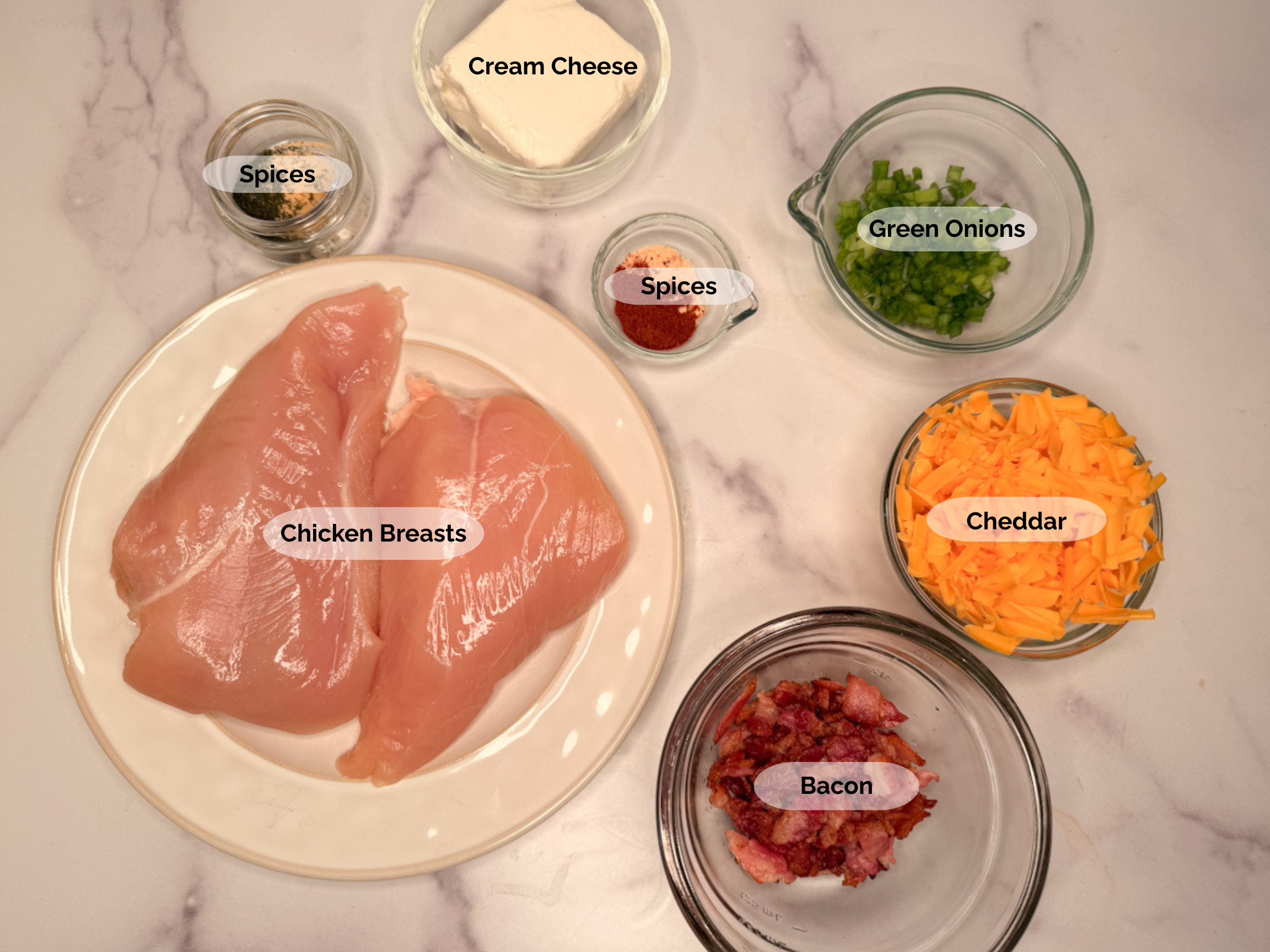 Baked Crack Chicken ingredients: chicken breasts, spices, cream cheese, green onions, shredded cheddar, crumbled bacon.