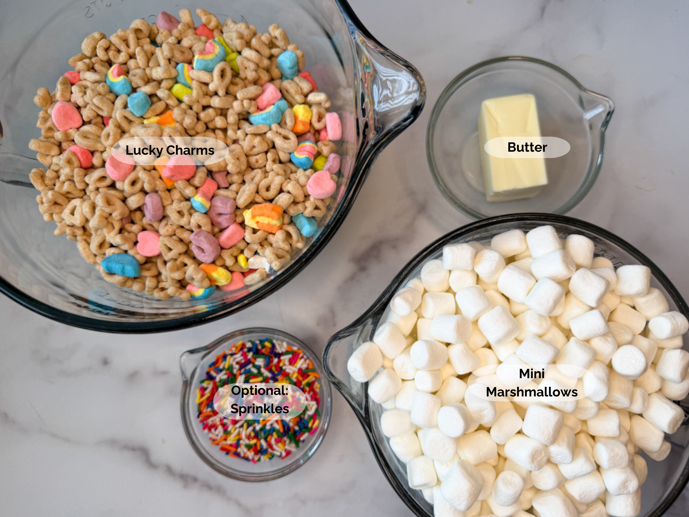 Lucky Charm Rice Krispie Treat Ingredients: lucky charms cereal, butter, mini marshmallows, and optional sprinkles