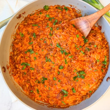 Sloppy joe orzo skillet with ground beef, tomato sauce, melted cheddar and green onions